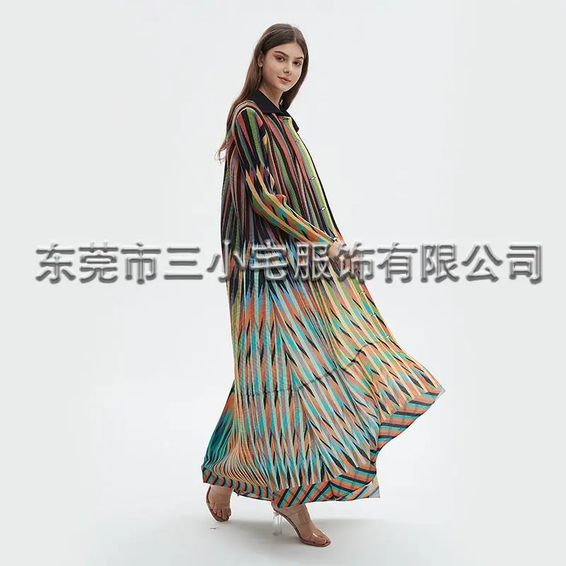 용수철 싱글 브레스트 플리츠 우아한 스트라이프 프린트 원피스 여성 가디건 재킷 의류, 2024 여름 신상