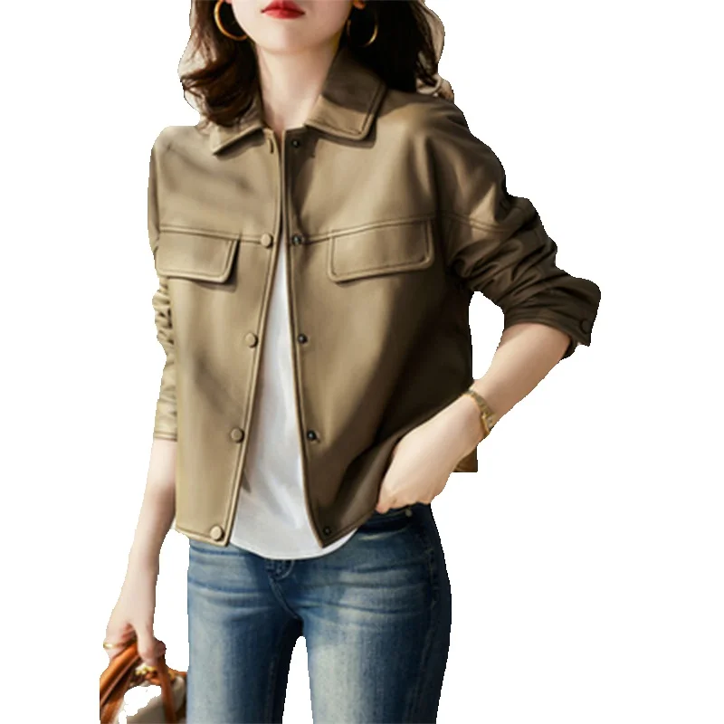 

Новинка пальто из натуральной овечьей кожи Модное Длинное стильное однобортное элегантное кожаное пальто с откидным воротником