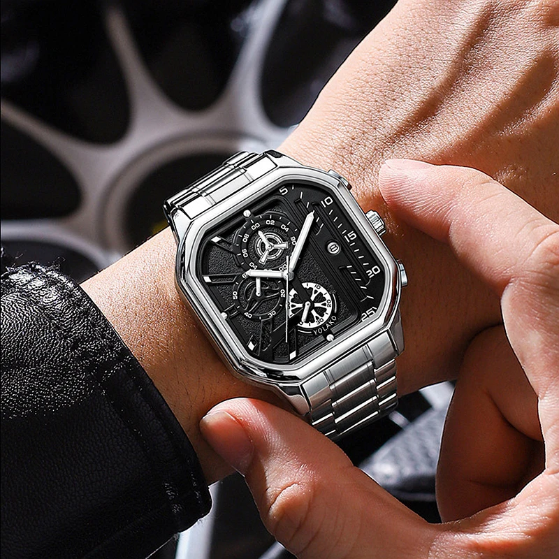 Fashion Casual Business Men Quartz Watch High-end Auto Date Big Square Dial Stainless Steel Band Watches For Man Gifts 5