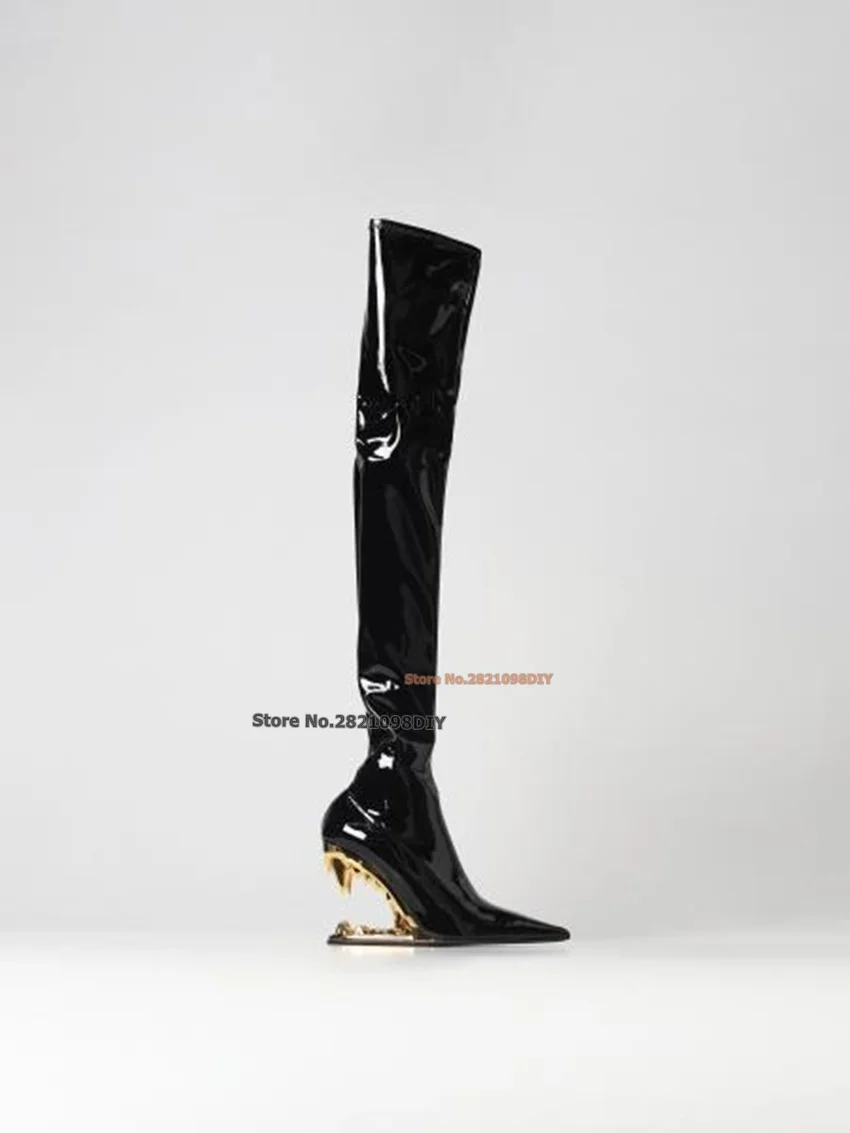 

Black Patent Leather 110Mm Heeled Pointed Toe Stretch Over The Knee Boot Ladies Wedge Heeled Black Morso Heel Matching Stitching