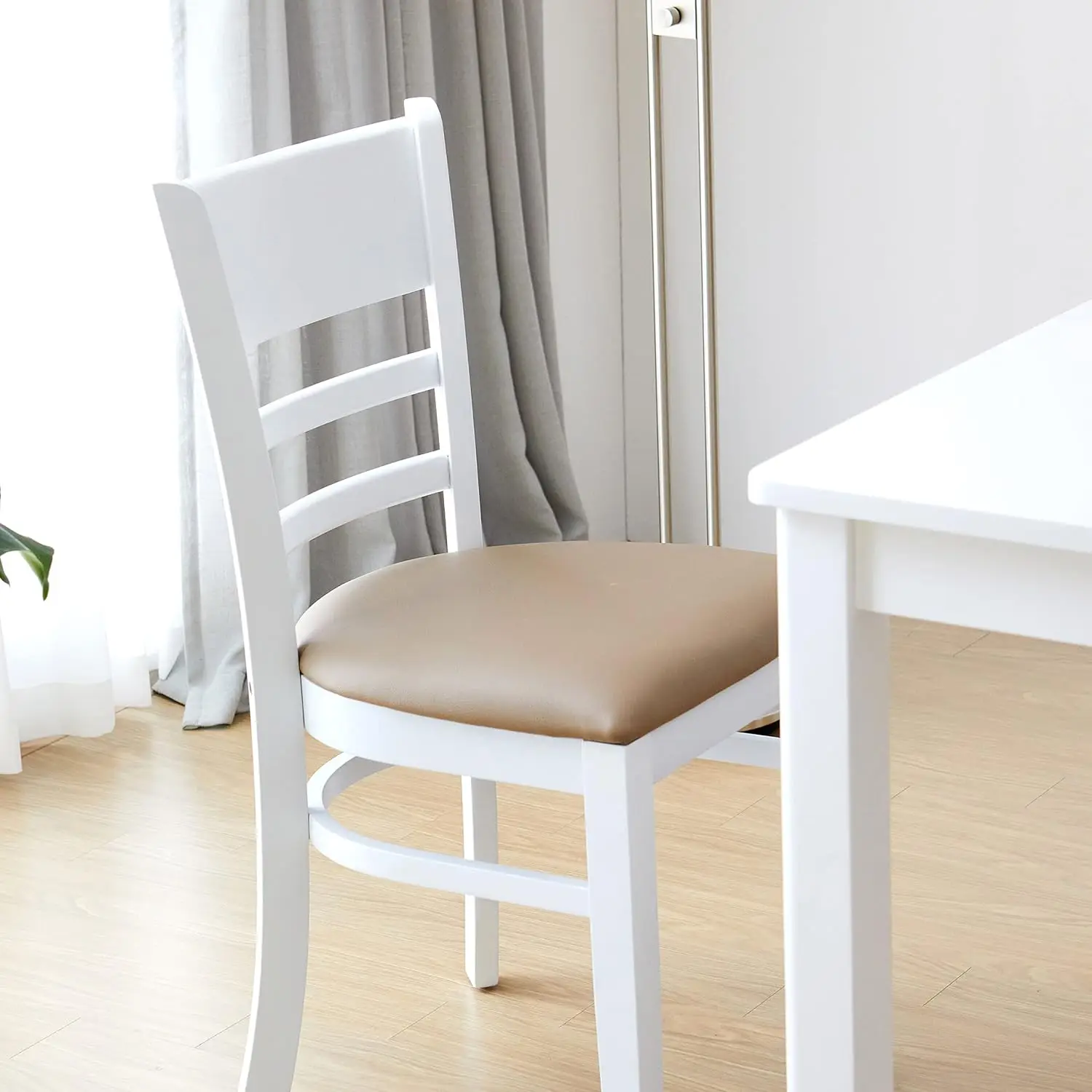Cabin Dining Chair Set of 2 Solid Malaysian Oak PU Leather Upholstered Cushion Seat Wooden Ladder Back Side Chairs (White)