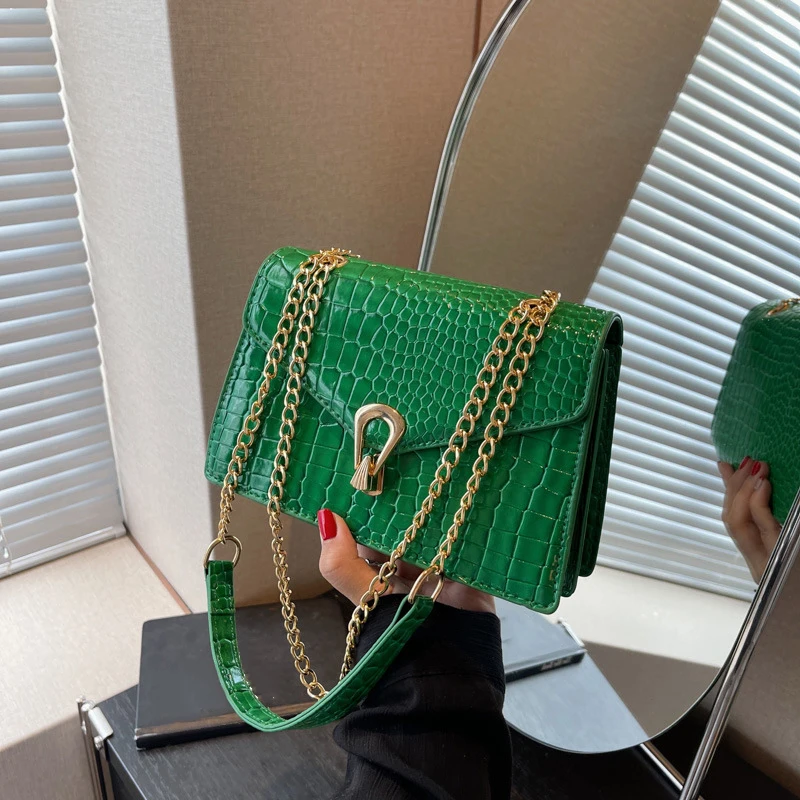 Rose Red Crocodile Pattern Chain Women's Bag 2024 Spring New Trend Korean Single Shoulder Crossbody Women's Bag Small Square Bag