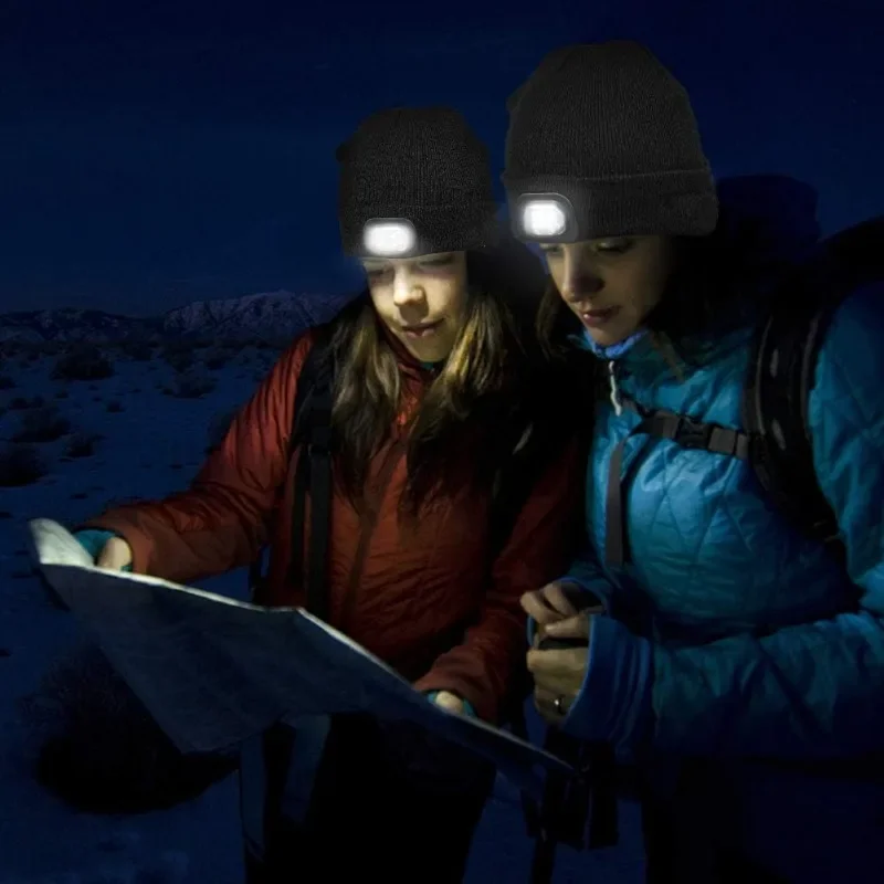 Cob Headlamp Head Flashlight LED Beanie Hat with Light Unisex Warm Winter Hat USB Rechargeable Headlamp Cap Winter Knitted Night Lighted Flashlight