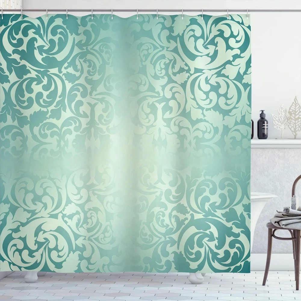 Vintage Shower Curtain Classic Victorian Style Damask Mint Green Background Swirl Floral Pattern Waterproof Fabric Bath Curtains