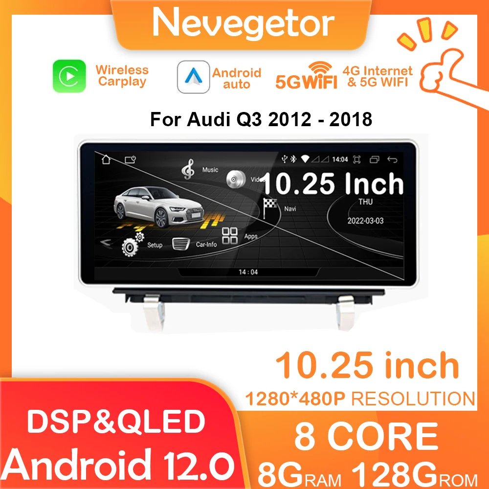 

10,25 "Android 12 для Audi Q3 2013-2018, сенсорный экран, автомобильные аксессуары, мониторы Carplay, микрофон, радио, мультимедийный плеер
