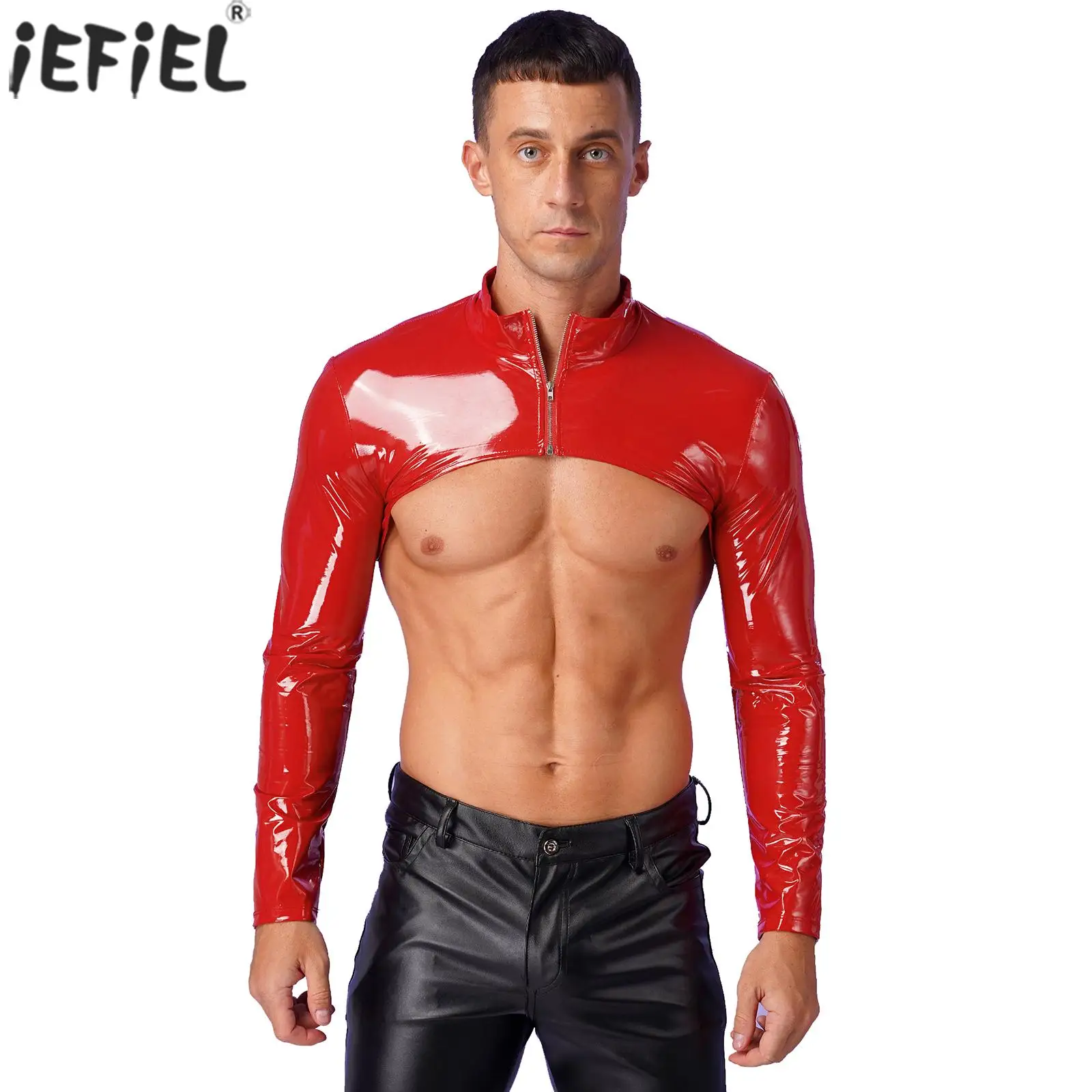 

Mens Patent Leather Crop Top Front Zipper Arm Sleeve Shrug Slim Top Long Sleeve Boxershorts Clubwear Bodybuilding Party Clothing