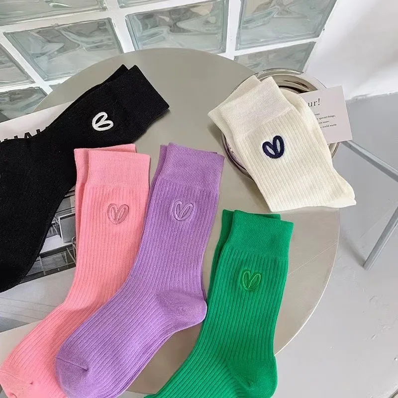 

Fashions Socks Stockings Women's Spring and Autumn Solid Color Cotton Love Embroidered Pile Pile Socks Mid-tube Sports Socks