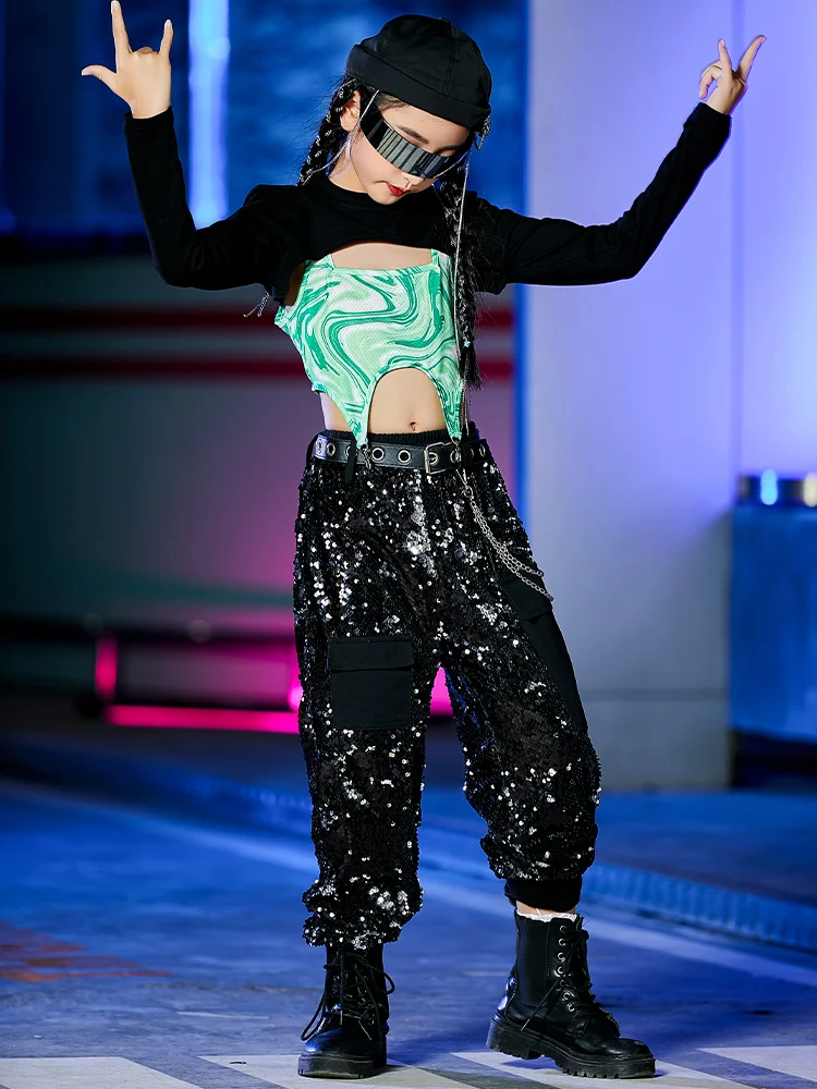 

Nice Jazz Street Dance Wear Black Tops Sequined Pants Hiphop Outfits Modern Dance Hip Hop Dance Clothes Stage Costumes