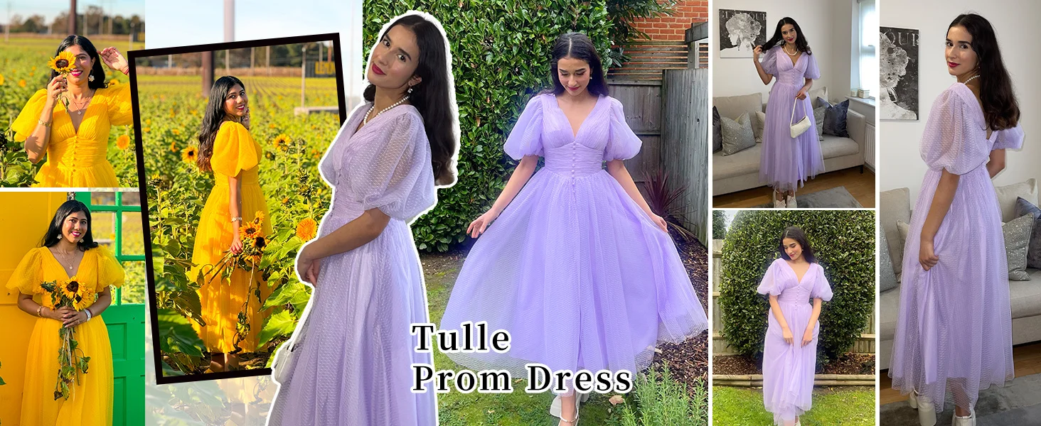 Vestido de fiesta de tul para mujer, largo hasta la rodilla, cuello en V, vestido de noche formal, vestido de fiesta con mangas abullonadas y cola de hada.