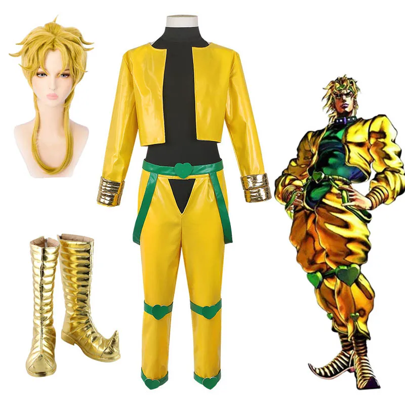 

Anime JoJo's Bizarre Adventure movie Dio Brando Cosplay Costume Gold Patent Leather Version 11 Halloween Party Suit Wig Shoes