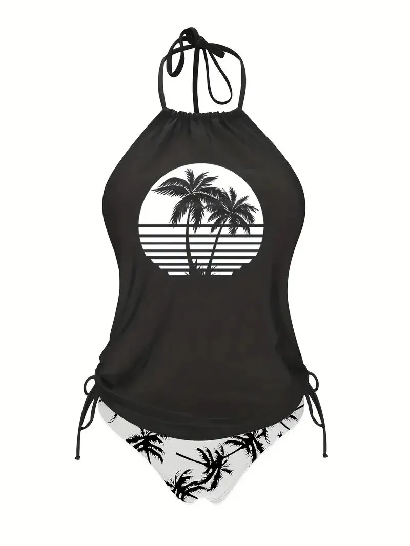 Coconut Tree Sunset Pattern Drawstring Two Piece Swimsuit Strapless Tie Neckline Backless Stretchy Low Rise Swimsuit women swimsuit,women two piece sets