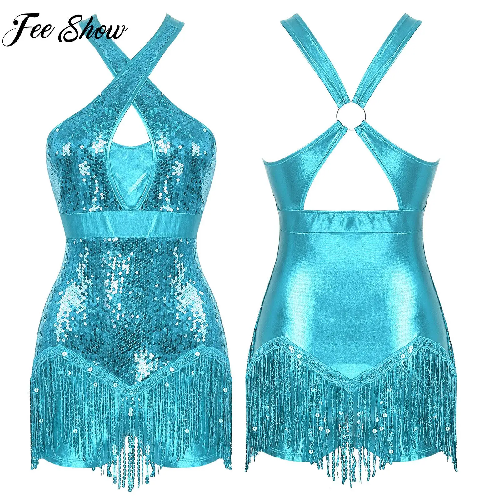 

Womens Cross Front Fringed Bodysuit Dancewear Glittery Sequins Tassel Dance Leotard Ballet Latin Cha-Cha Performance Costume