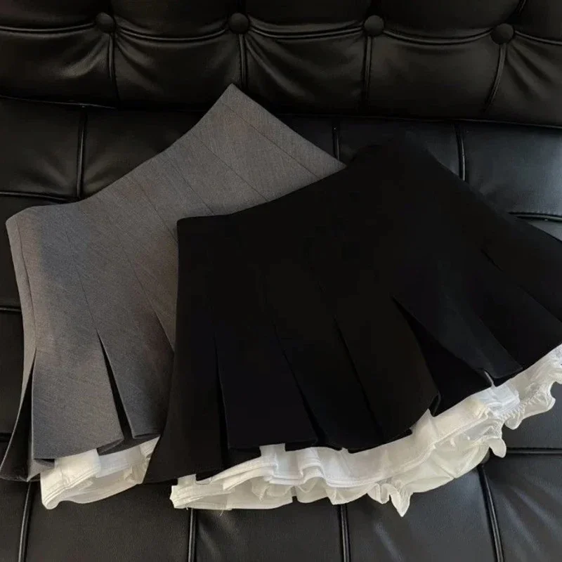 

Y2K Women Black Gray Vintage Korean Japanese Ruffles Mini Pleated Skirts Kawaii Aesthetic High Waist A-line Skirt Alt Clothes