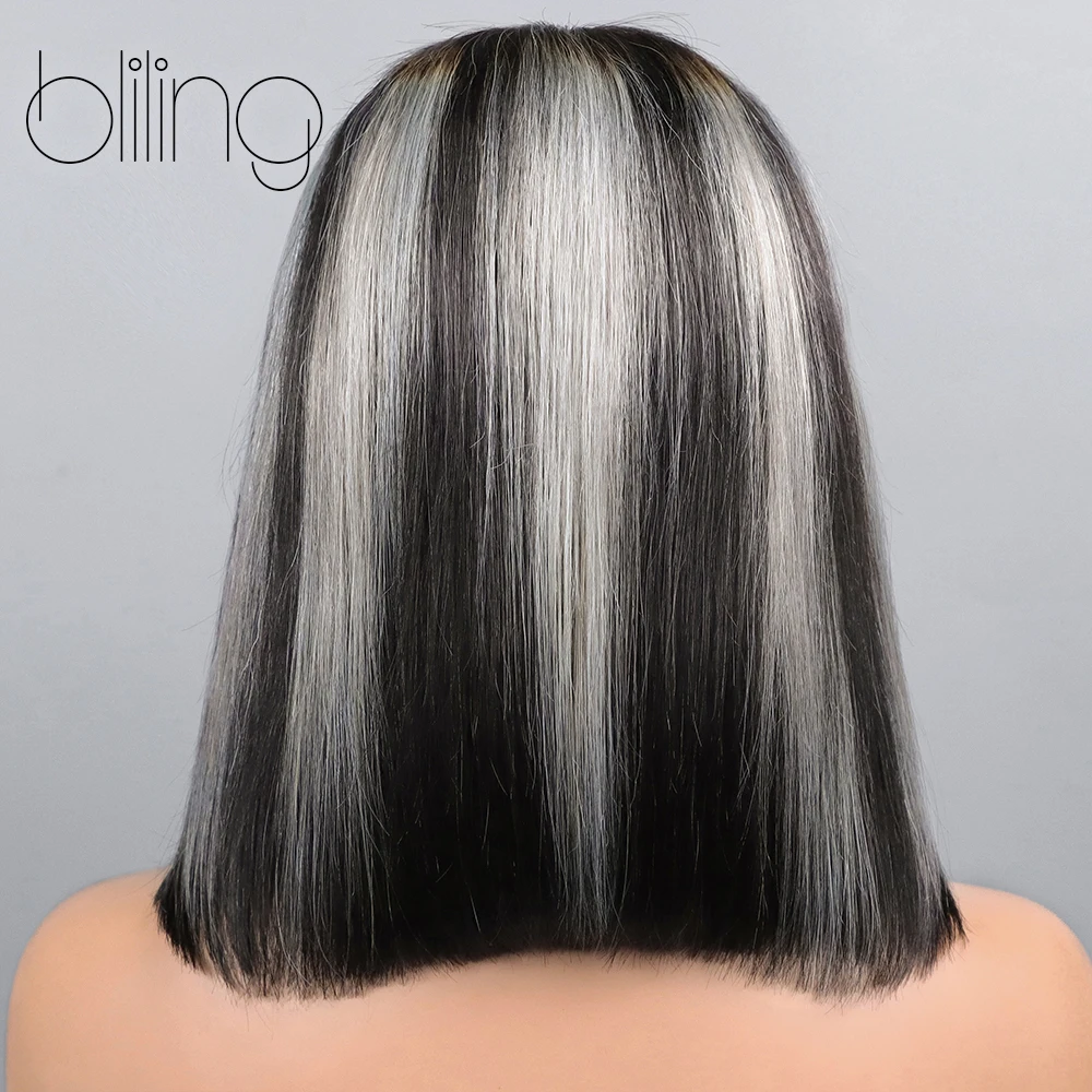 블랙 그레이 하이라이트 밥 가발 본 스트레이트 인모 브라질리언 180% 밀도 13X4X2 레이스 가발 여성용 컬러드 숏 밥 가발