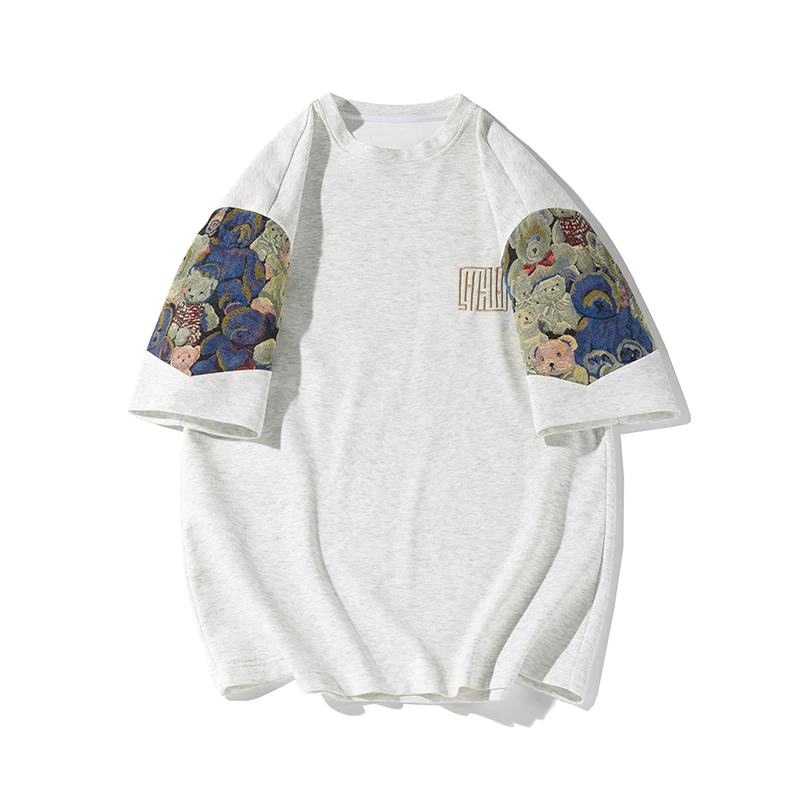 Trendy Bear Embroidery Tshirt Summer Big Size Men Fashion Splicing Tshirts Casual Seven Sleeve T-shirt Man Women Tee Tops sports shirt,printed t shirt