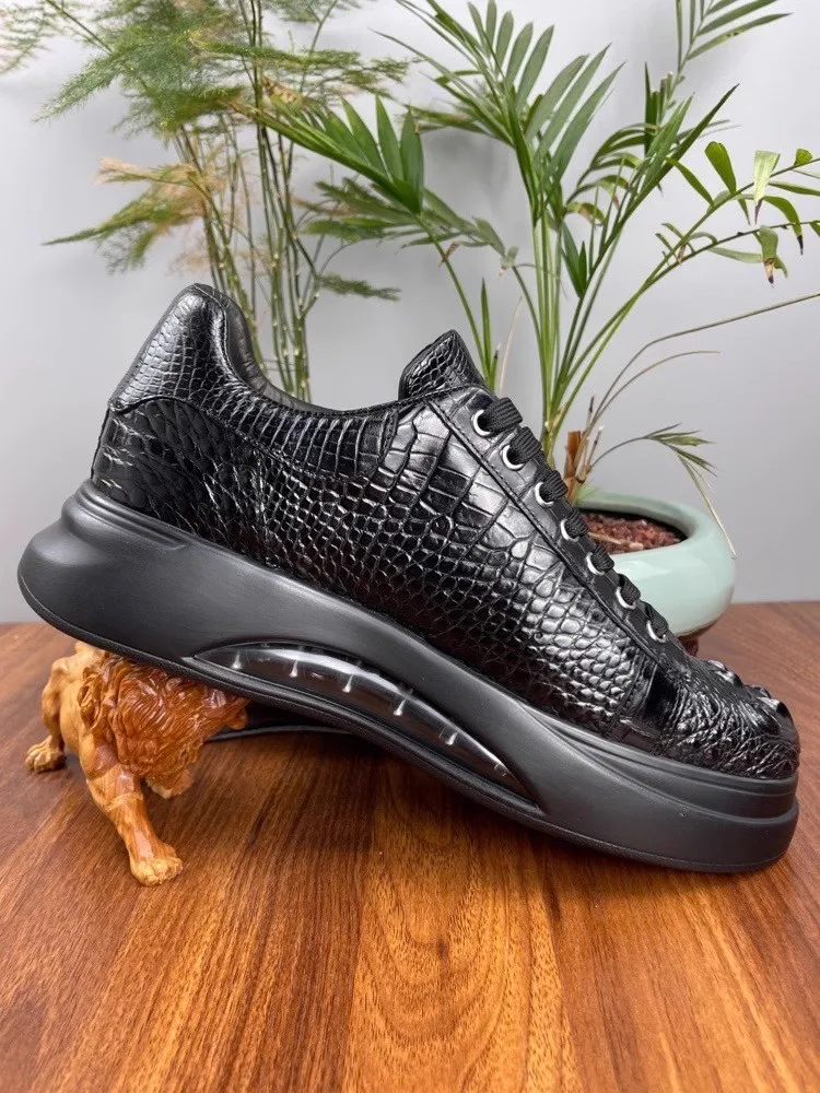 Men Shoes Designer Sneakers Black Round Toe Handmade Crocodile Skin Casual  Shoes Lace Up Thick Platform Genuine Leather Shoes