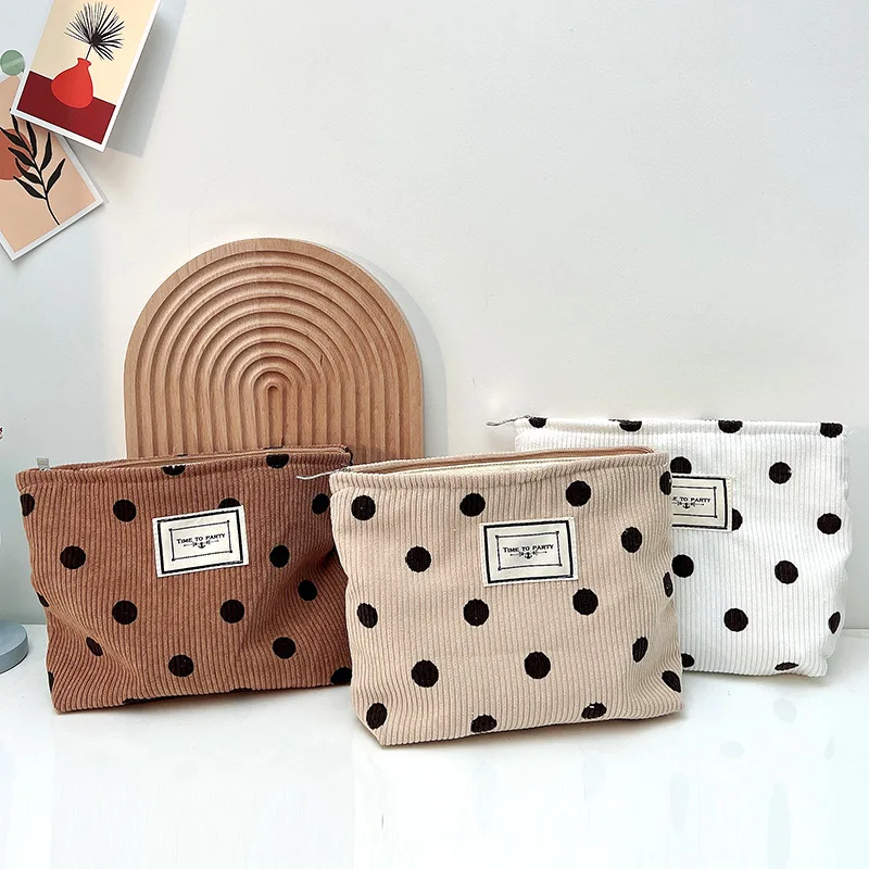 

Female Storage Makeup Bags Travel Toiletries Make Up Bags Organizer Dot Vintage Cosmetic Bag Women Corduroy Zipper Wash Cases