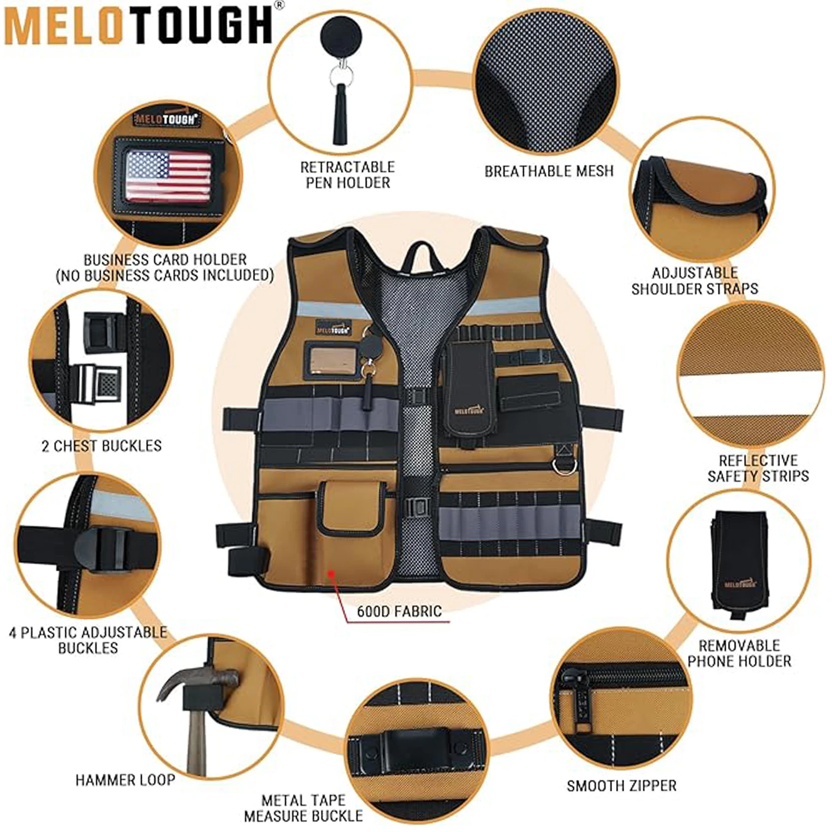 Tool Vest Safety Work Vest with Adjustable Straps,Removable Phone