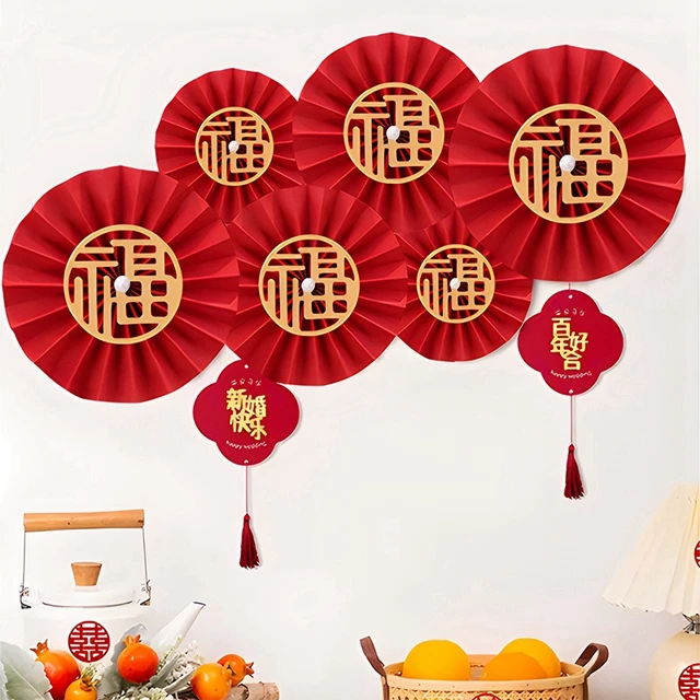 6pcs 2022 Chinese New Year Paper Fans Spring Festival Paper Flowers Fan  Decoration Happy Tiger Years Party Window Wall Decor - AliExpress