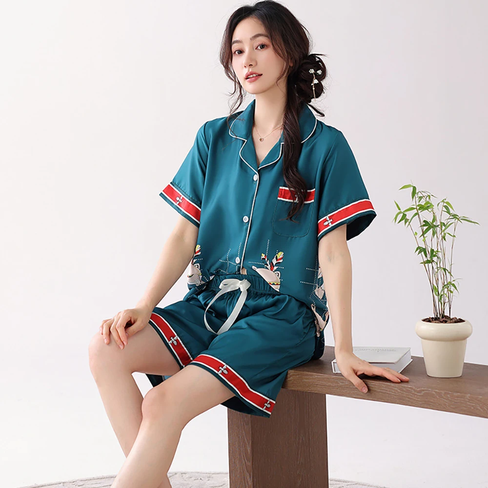 M-3XL Ice Silk Satin Trousers Sets Summer Thin Short Sleeve Sleepwear Women's Pajamas Shorts National Style Vintage Pyjama Cool