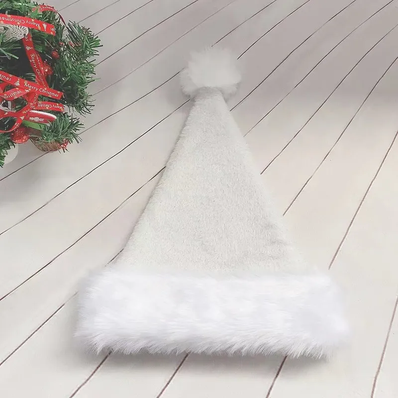 30X45CM White Plush Christmas Hat Unisex Comfort Santa Hat Christmas New Year Festive Holiday Party Supplies with Bright Silk