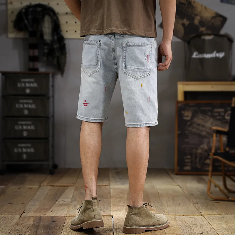 Retro White High-End Denim Shorts Men's Splashed Ink Printing Design Straight Shorts Trendy All-Matching Ripped Middle Pants