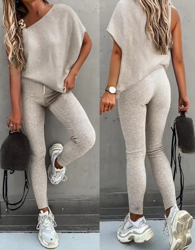 

2 Piece Set Women Outfit 2023 Summer Casual Chain Decor Short Sleeve Asymmetrical Neck Top & Fashion Sporty High Waist Pants Set