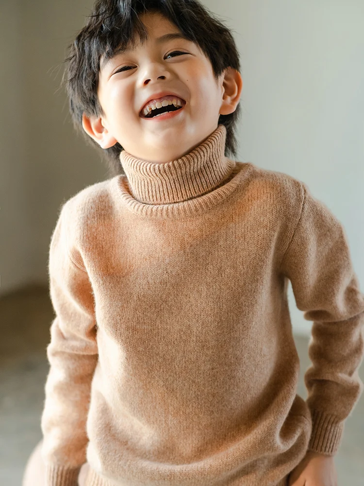 Boys Sweater Winter Childrens 100% Wool Thickened Warm Clothing Pullover Sweater Solid color High Neck Cashmere Bottom Sweater 4