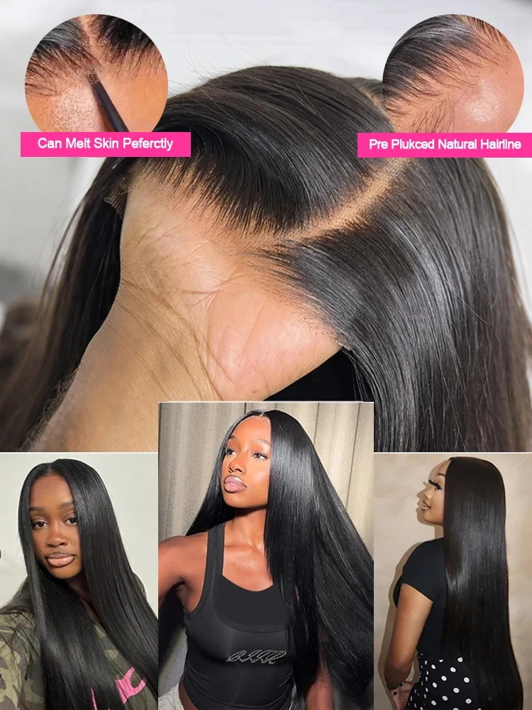 Perruque vietnamienne sans colle en cheveux humains 100% naturels, pré-épilée 7×5, prête à l’emploi, lisse, avec dentelle frontale HD 13×4 13×6