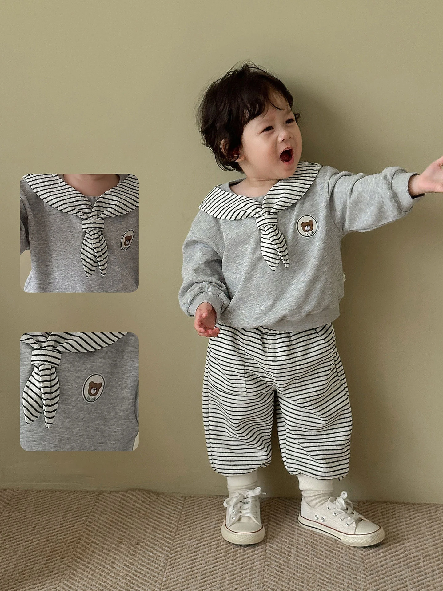 Boys Autumn Hoodie Set Sailor Collar Full Length Pants