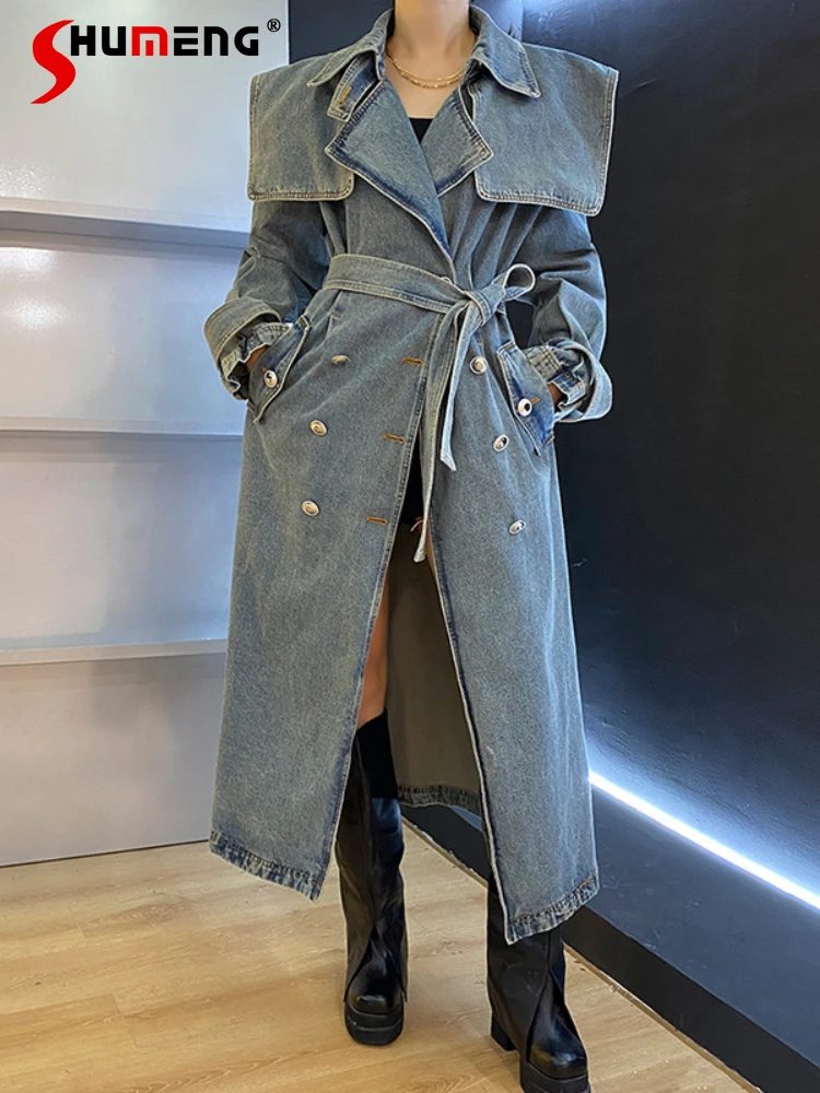 Heavy Industry Long Denim Jacket Spring Autumn Elegant Tied Fitted Waist Turn-down Collar Long Sleeve Trench Coat for Women