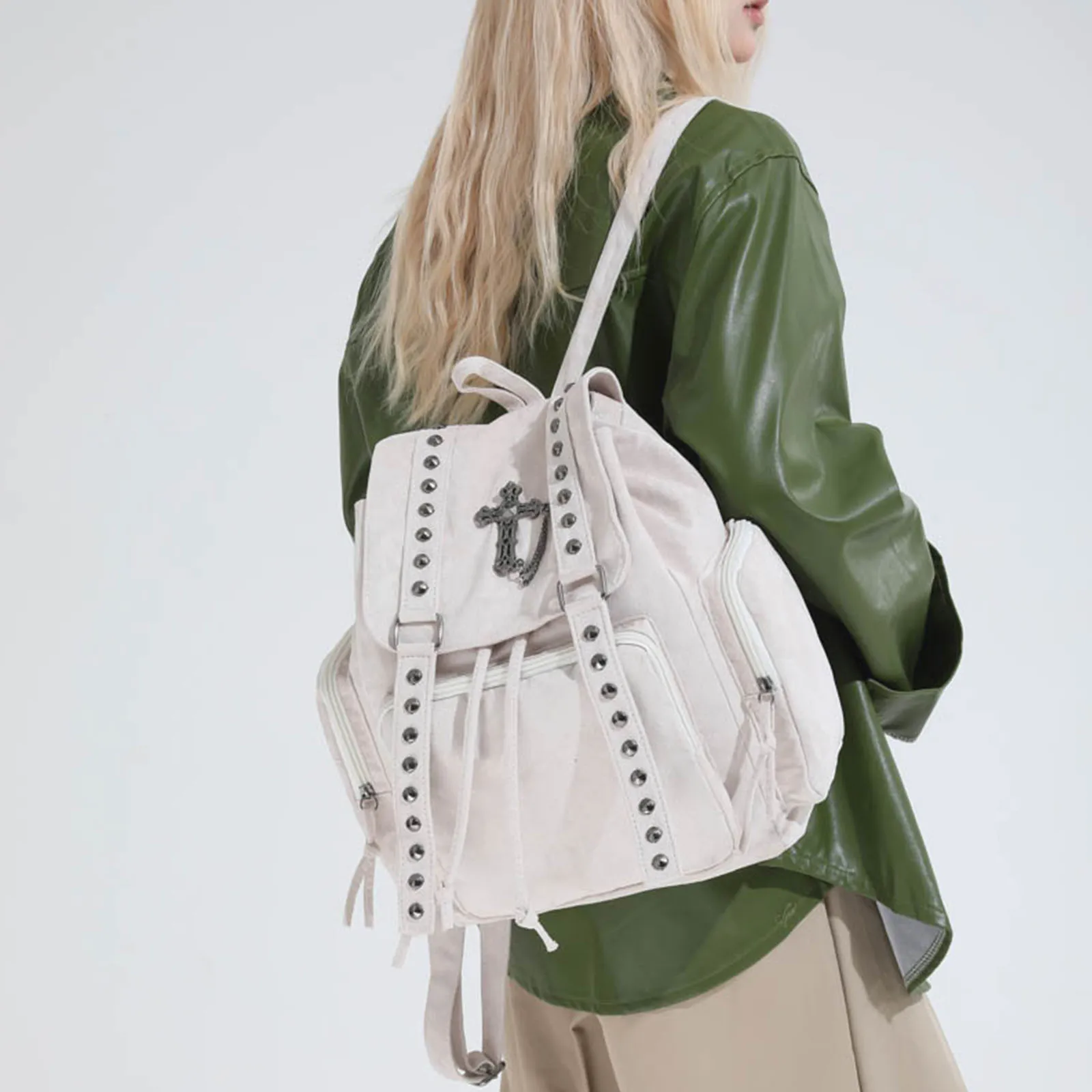 Gothic Punk School Backpack Drawstring Rivets Backpacks Commuter Bags with Cross Stud Design for Casual Travel and Daily Use