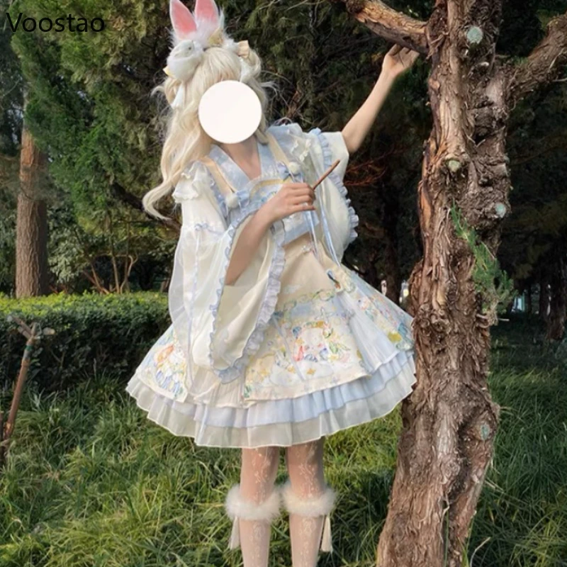Sweet Lolita Princess Dress Set Women Kawaii Cute Cartoon Rabbit Print Party Mini Dresses Girl Harajuku Y2k Long Sleeve Vestidos