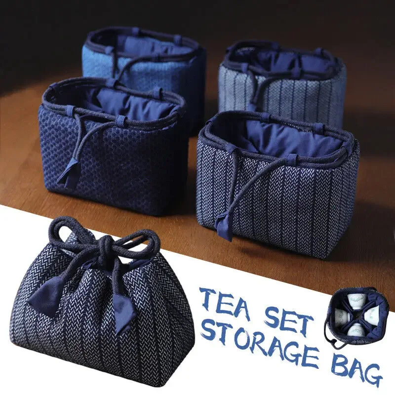 Portable Denim Tea Set Organizer Bag with Large Storage Capacity
