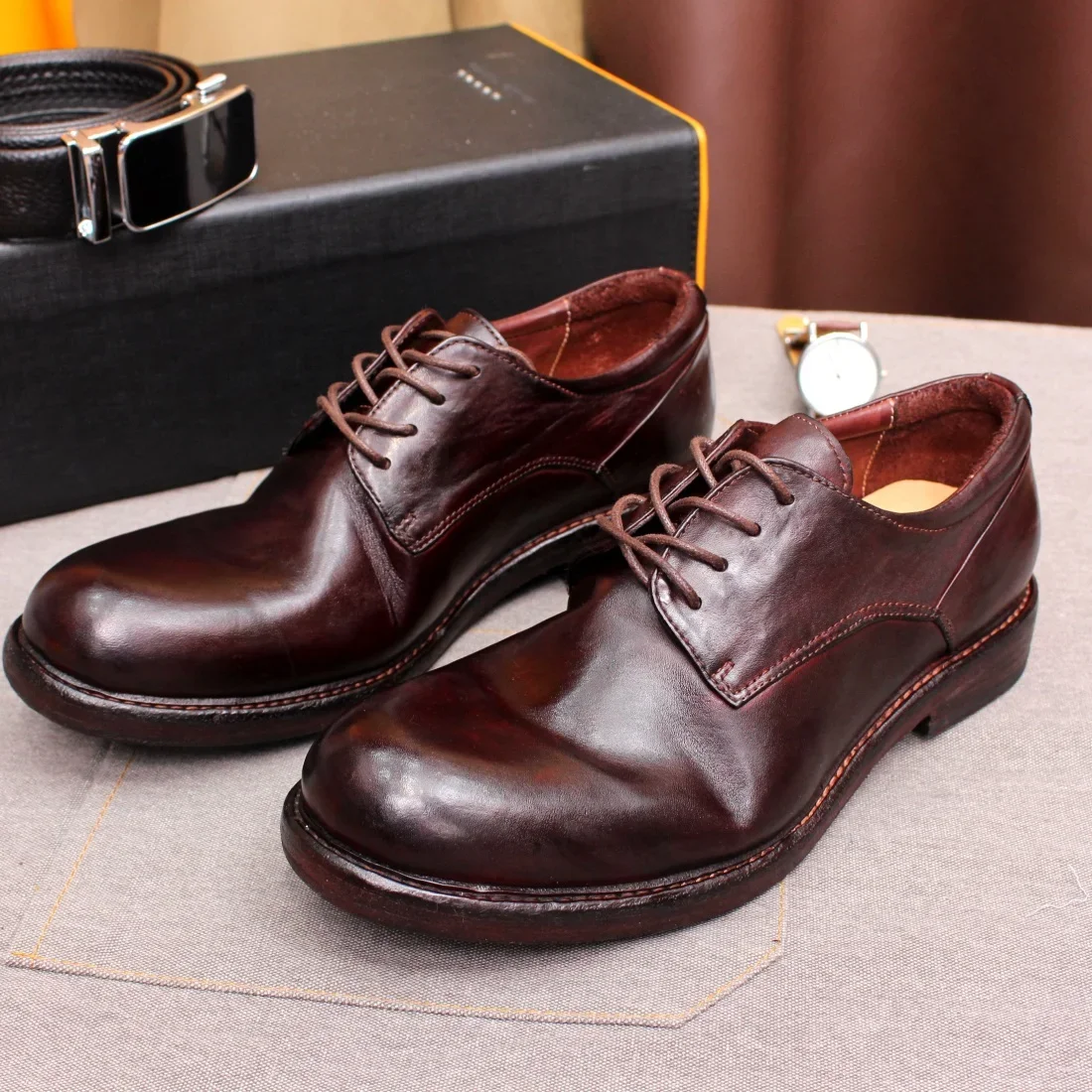 Men's Handmade Goodyear Sewn Derby Formal Shoes Soft Genuine Leather round Toe Comfortable Non-Slip Casual Shoes mens leather dress shoes