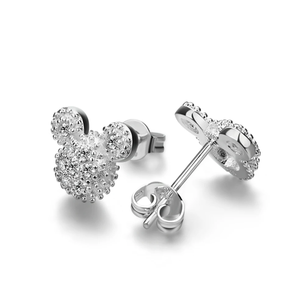 

Classic Women 100% 925 Sterling Silver Earring Inlaid Zircon Mickey Stud Earrings Italian Design for Girl Not Allergic Colorfast