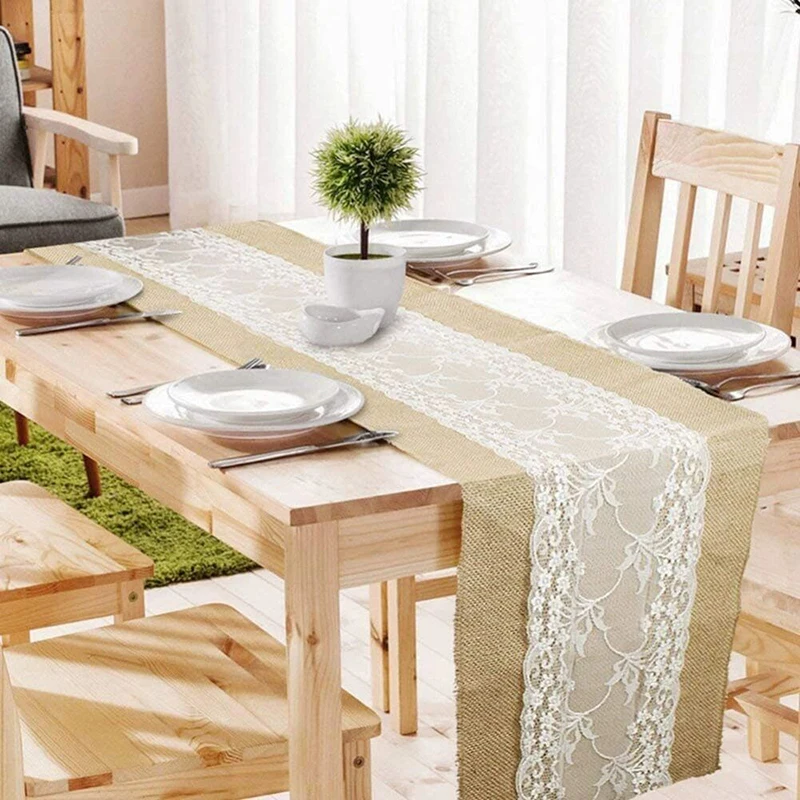 

Jute Lace Linen Table Runner For Christmas Party Wedding Family Dinner Dining-table