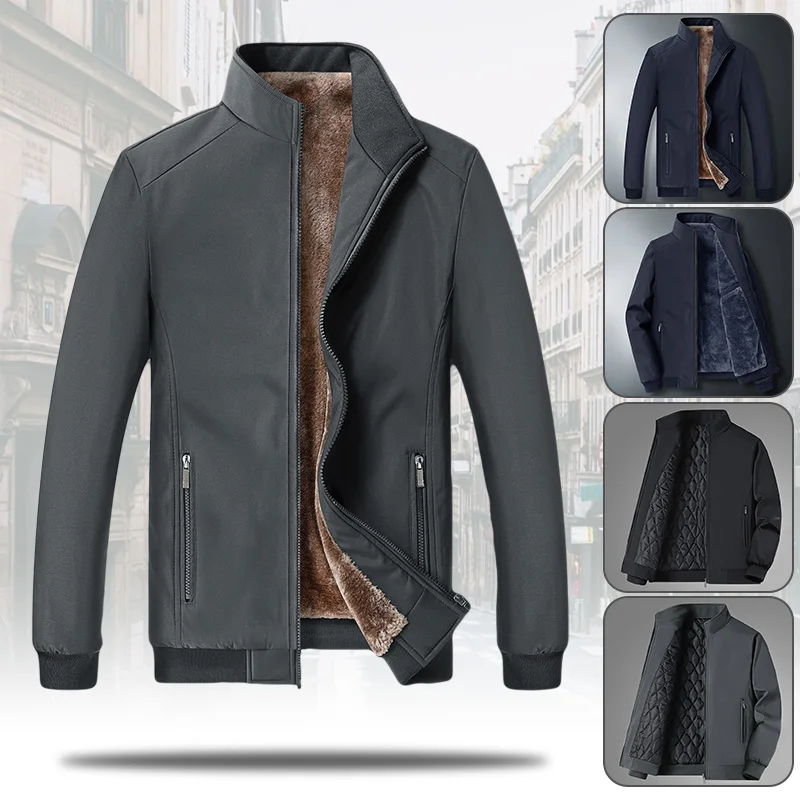 

Men's Autumn and Winter Solid Color Jacket Casual Stand-Up Collar Fashion Top Plus Velvet Thick Washed Coat