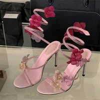 Aneikeh Diamond Flower Snake Shaped Winding Belt High-heeled Sandals Round Toe Exposed Toe Roman Sandals Sandalias Mujer - Image 4