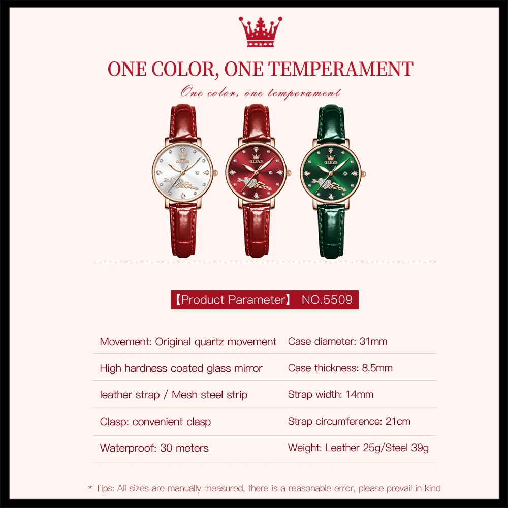 OLEVS Fashion Watch for Women Leather Strap Women's Watches Date Stainless Steel Dial Waterproof Elegant Ladies Dress Wristwatch