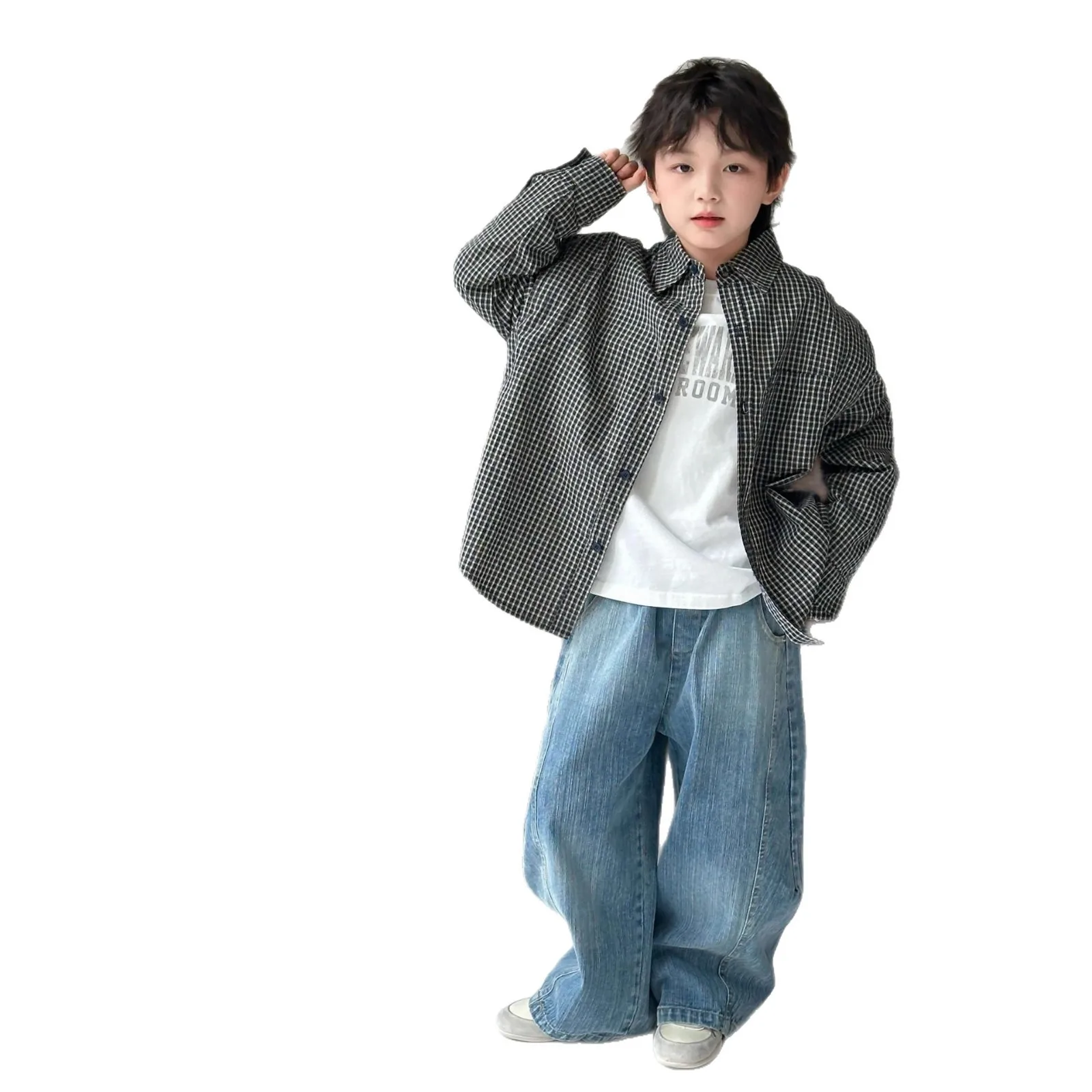 아동용 겉옷 봄과 가을 새로운 한국 캐주얼 체크 무늬 디자인 센스 라펠 긴팔 셔츠 다용도 일상 캐주얼웨어