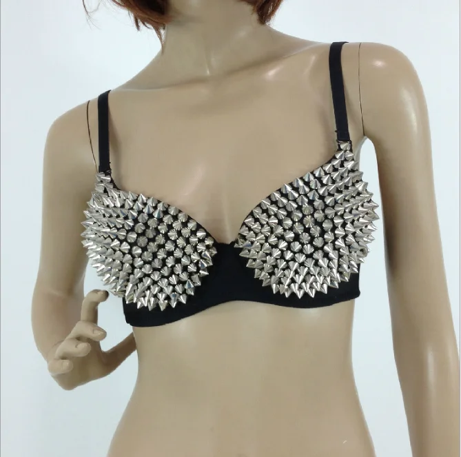 

Sexy Bras Women Party 2021 New All-over Spike Rivet Metallic Punk Dance Push Up Bra Nightclub Costumes Bras Bralette Encaje