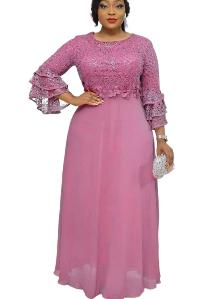 

Women Plus Size African Party Dresses 2023 New Fashion Dashiki Ankara Lace Wedding Gown Elegant Turkey Muslim Chiffon Maxi Dress