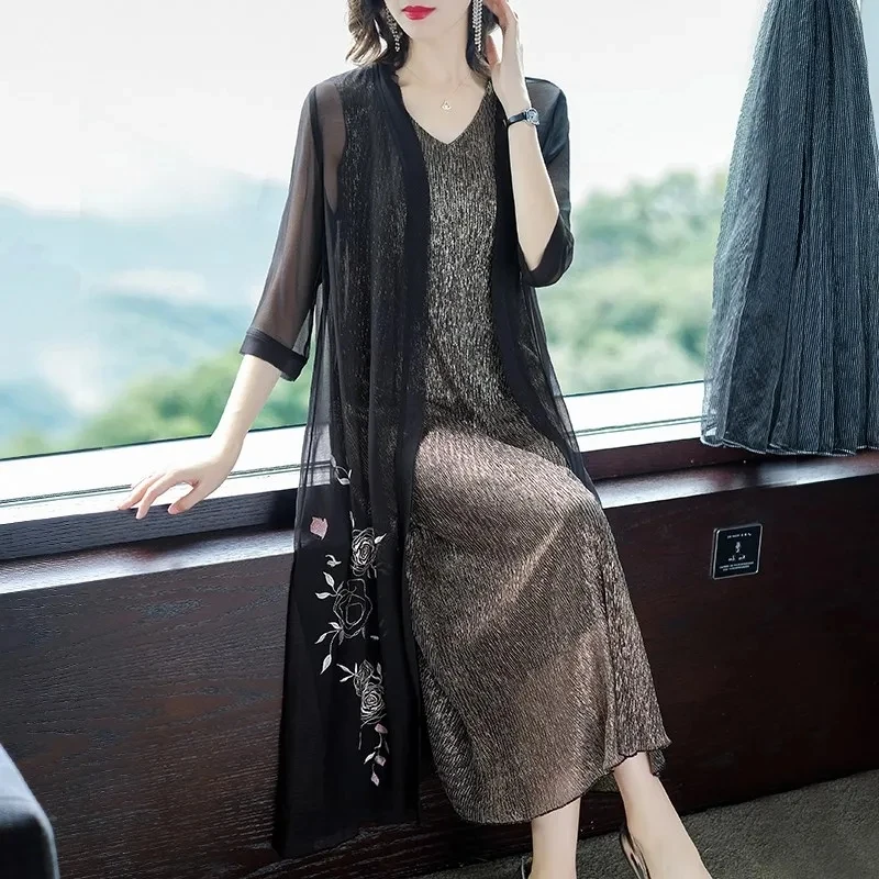 Sets/Single Piece Women Chiffon Print Cardigan Jacket Female Dress Half Sleeves Two Piece Suit 2022 Summer Long Dress Elegant