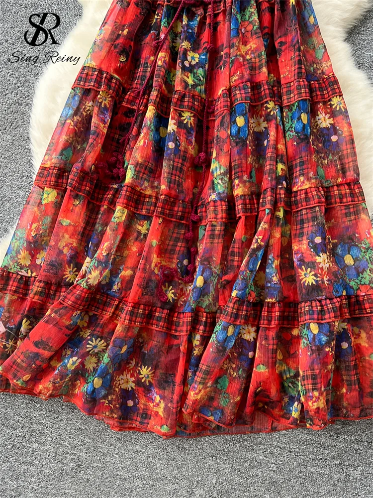 SINGREINY Senior Floral Long Dress Women V Neck 3D Flower