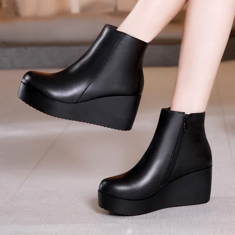 High quality short ankle leather boots for women 7cm mid heel platform new 2023 autumn winter elegant 33 42 43 lady shoe - black