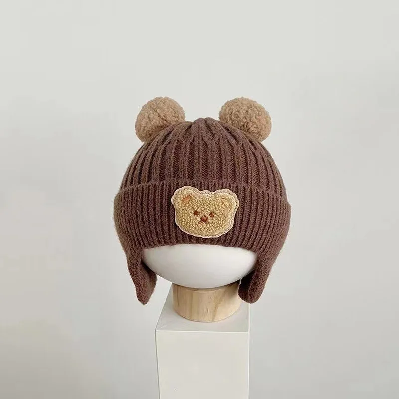 Winter Baby Beanie Cap Cartoon Bear Ear Protection Knitted Hat for Toddler Boys Girls Cute Korean Warm Kids Crochet Hats Gorros