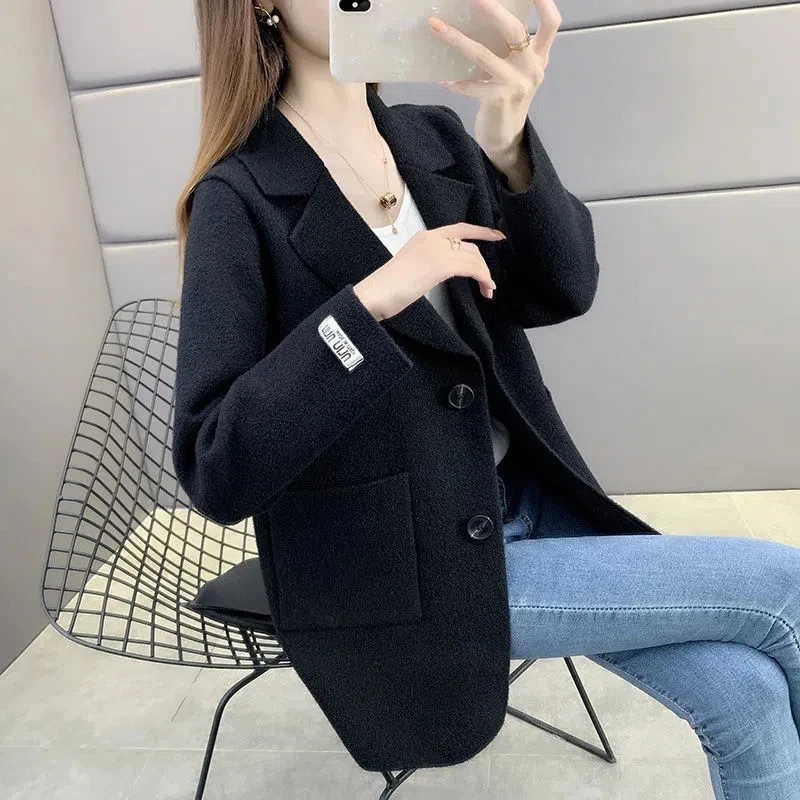 

Imitation Mink Wool Sweater Long Jacket Ladies The Spring Autumn 2023New Coat Loose Wild Suit Collar Knitted Cardigan Women Tide