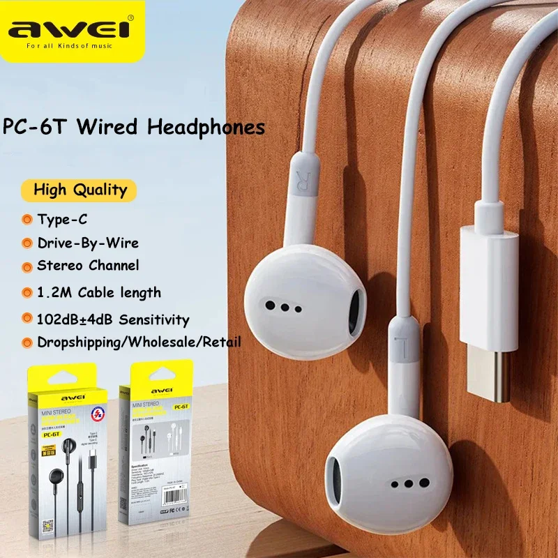 

Awei PC-6T Type-C Wired Headphone In-Ear Earbuds Stereo Music Headset Volume Control Earphones with Microphone Free Shipping