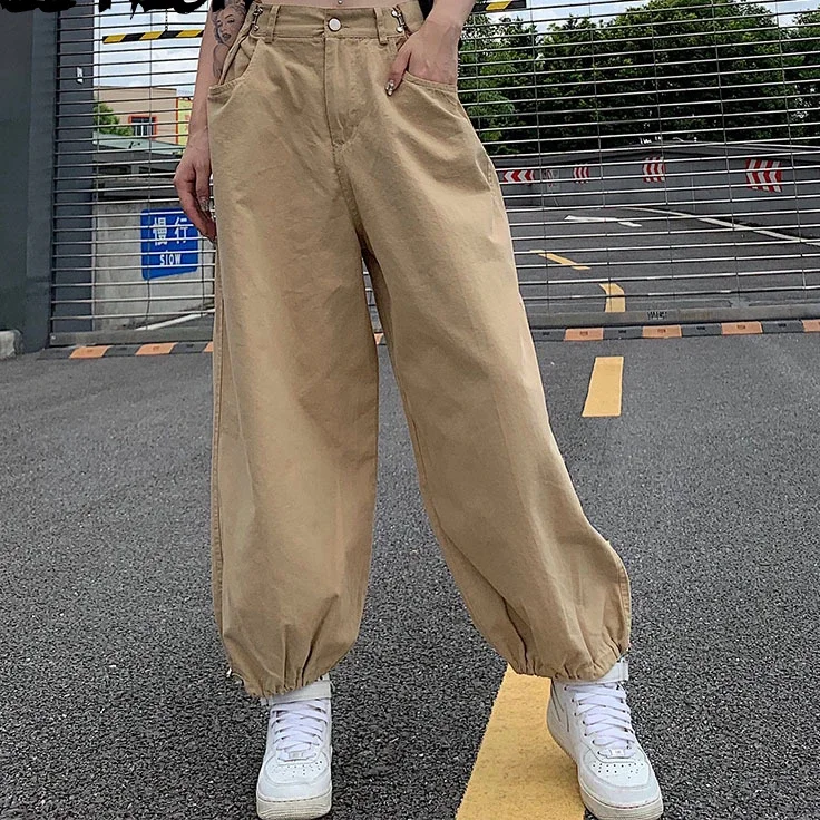 Women Y2K Khaki Adjustable Waist Oversized Cargo Pants Loose 2024 Fashion New Drawstring 90s Long Pant Fall Hip Hop Streetwear
